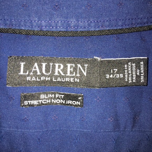 Lauren Ralph Lauren Mens 17 34/35 Blue Slim Fit Stretch Non Iron Button Up Shirt - Picture 5 of 9
